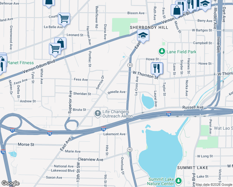 map of restaurants, bars, coffee shops, grocery stores, and more near 712 Roselle Avenue in Akron