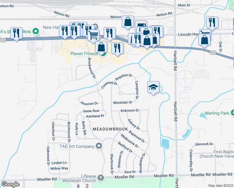 map of restaurants, bars, coffee shops, grocery stores, and more near 573 Courtney Drive in New Haven