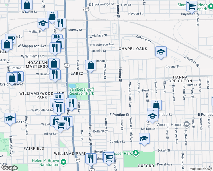 map of restaurants, bars, coffee shops, grocery stores, and more near 2309 Warsaw Street in Fort Wayne