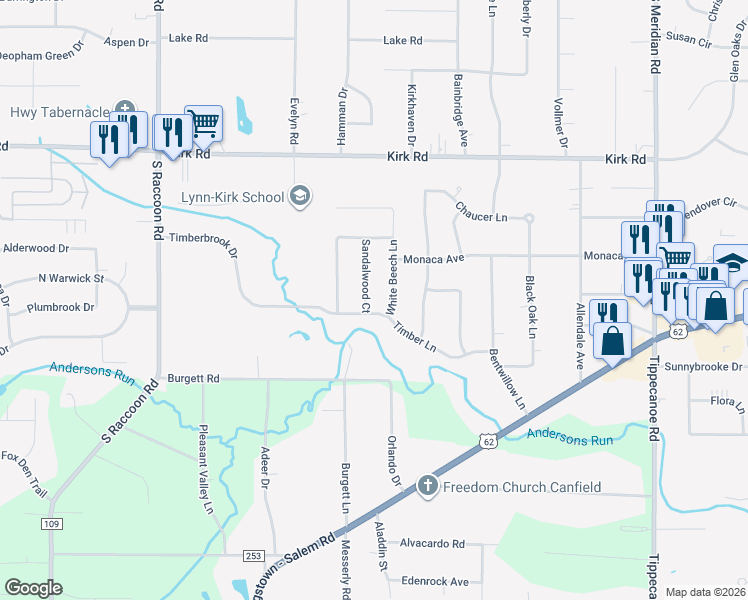 map of restaurants, bars, coffee shops, grocery stores, and more near 3446 White Beech Lane in Youngstown