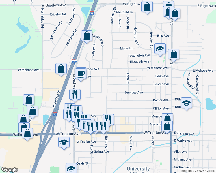 map of restaurants, bars, coffee shops, grocery stores, and more near 525 Lester Avenue in Findlay