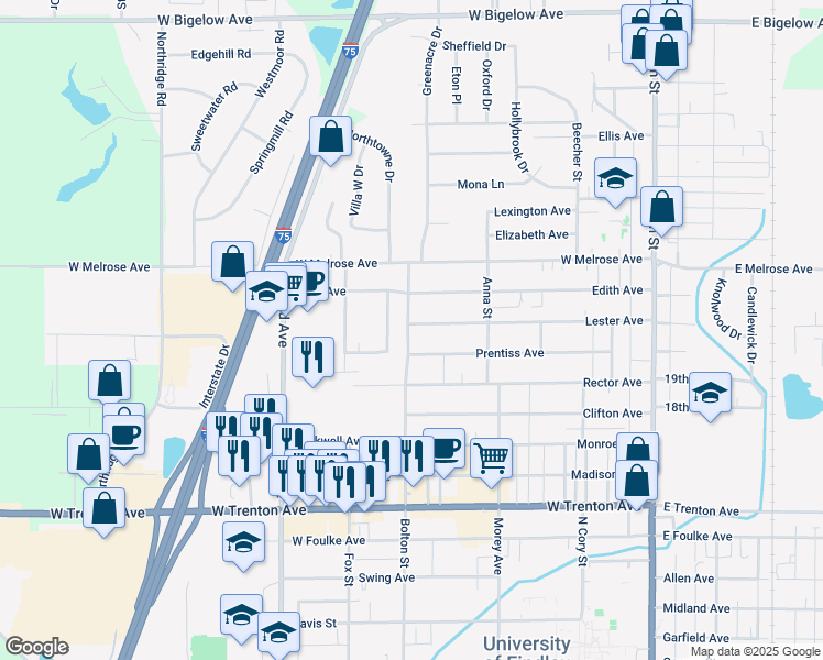 map of restaurants, bars, coffee shops, grocery stores, and more near 525 Lester Avenue in Findlay