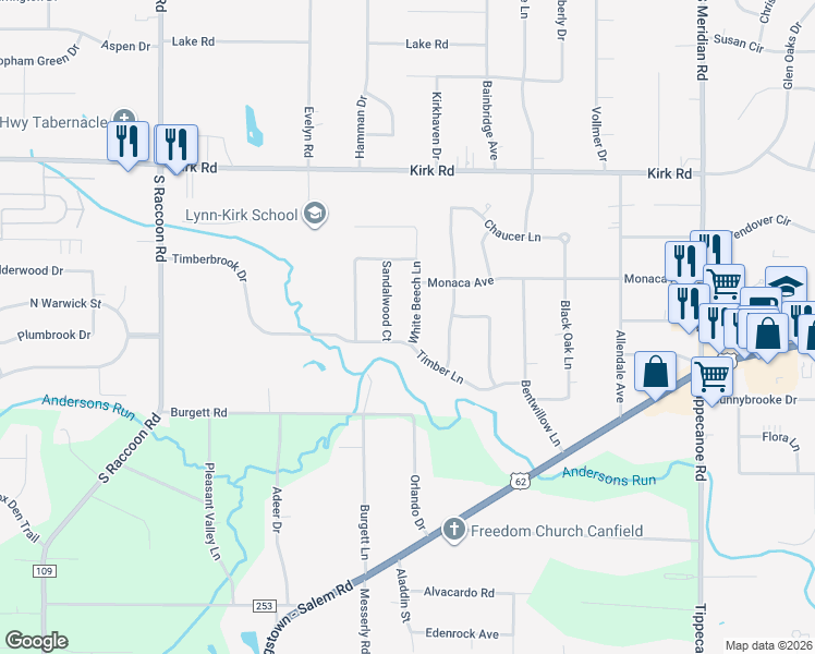 map of restaurants, bars, coffee shops, grocery stores, and more near 3446 White Beech Lane in Youngstown