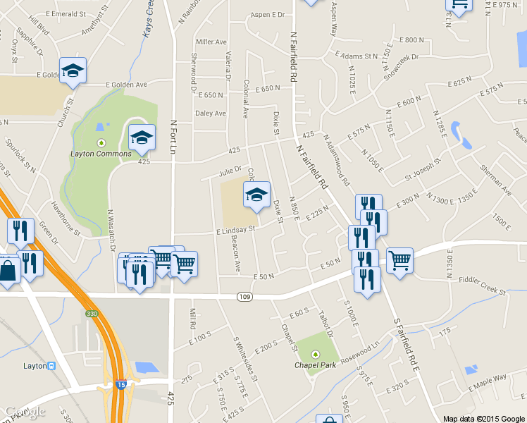 map of restaurants, bars, coffee shops, grocery stores, and more near 290 Colonial Avenue in Layton