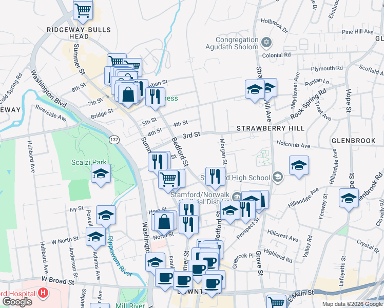 map of restaurants, bars, coffee shops, grocery stores, and more near 1425 Bedford Street in Stamford