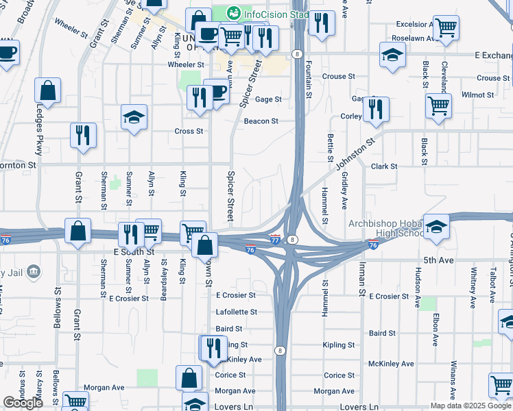 map of restaurants, bars, coffee shops, grocery stores, and more near 588 Hedden Ave in Akron