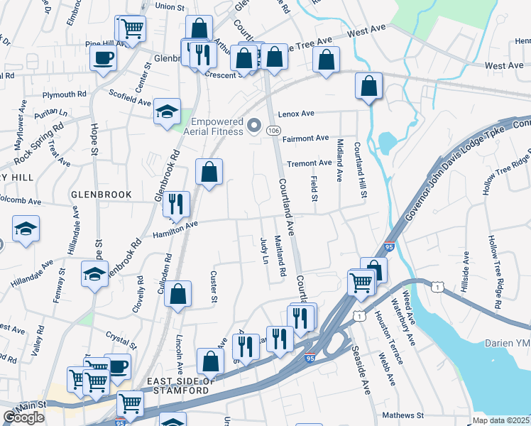 map of restaurants, bars, coffee shops, grocery stores, and more near 166 Hamilton Avenue in Stamford