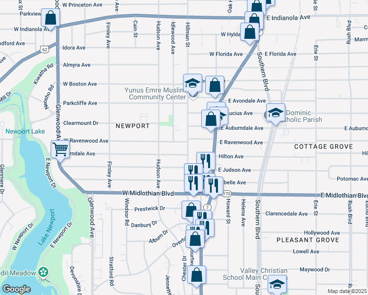 map of restaurants, bars, coffee shops, grocery stores, and more near 3512 Hillman Street in Youngstown