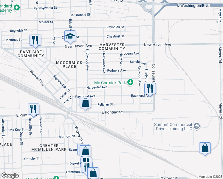 map of restaurants, bars, coffee shops, grocery stores, and more near 3426 Harvester Street in Fort Wayne