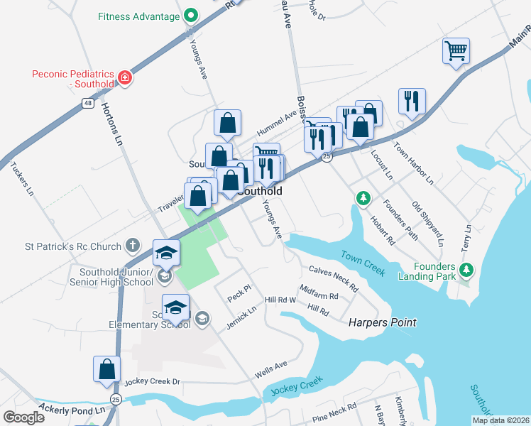 map of restaurants, bars, coffee shops, grocery stores, and more near 475 Youngs Avenue in Southold