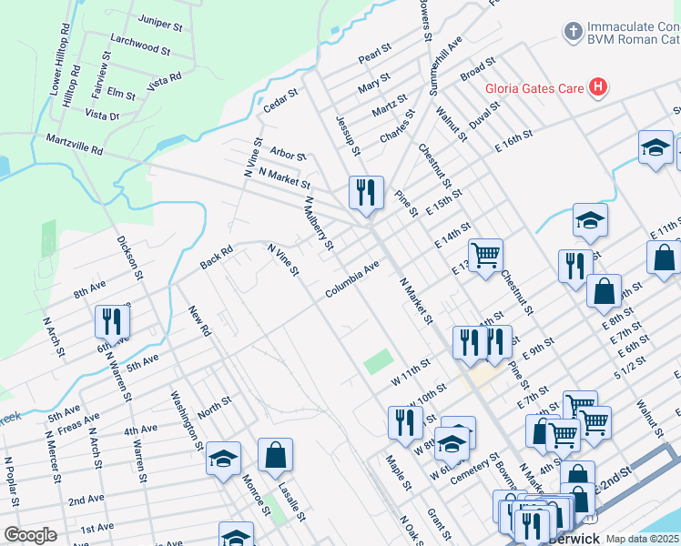 map of restaurants, bars, coffee shops, grocery stores, and more near 1597 North Mulberry Street in Berwick