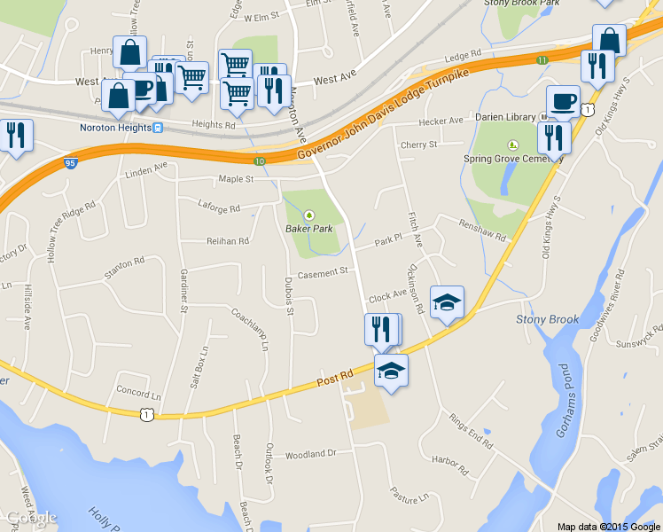 map of restaurants, bars, coffee shops, grocery stores, and more near 12 Casement Street in Darien
