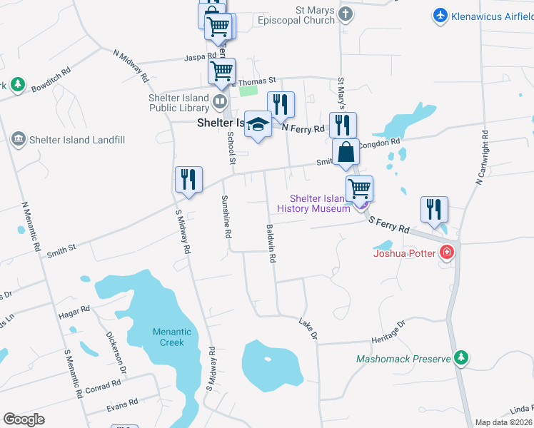 map of restaurants, bars, coffee shops, grocery stores, and more near in Shelter Island