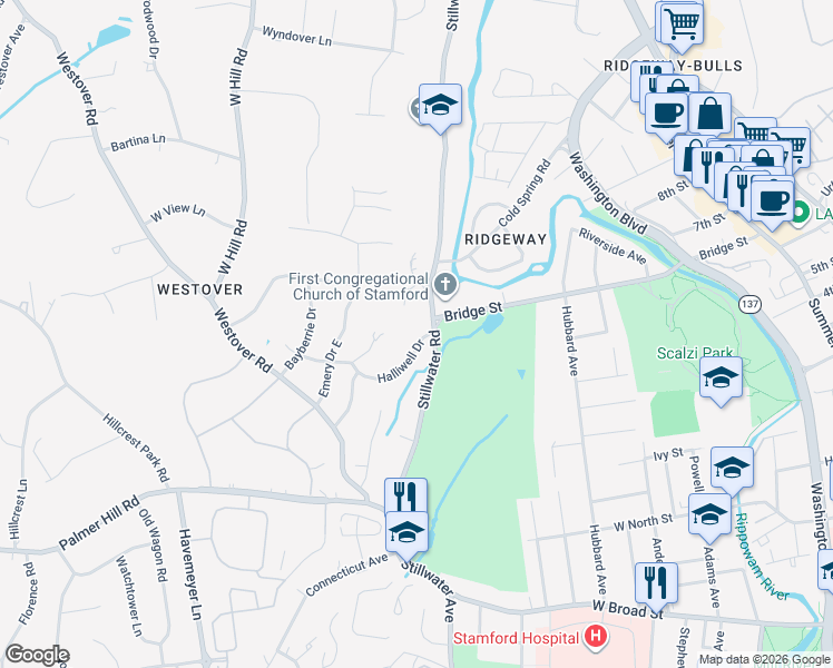 map of restaurants, bars, coffee shops, grocery stores, and more near 602 Stillwater Road in Stamford