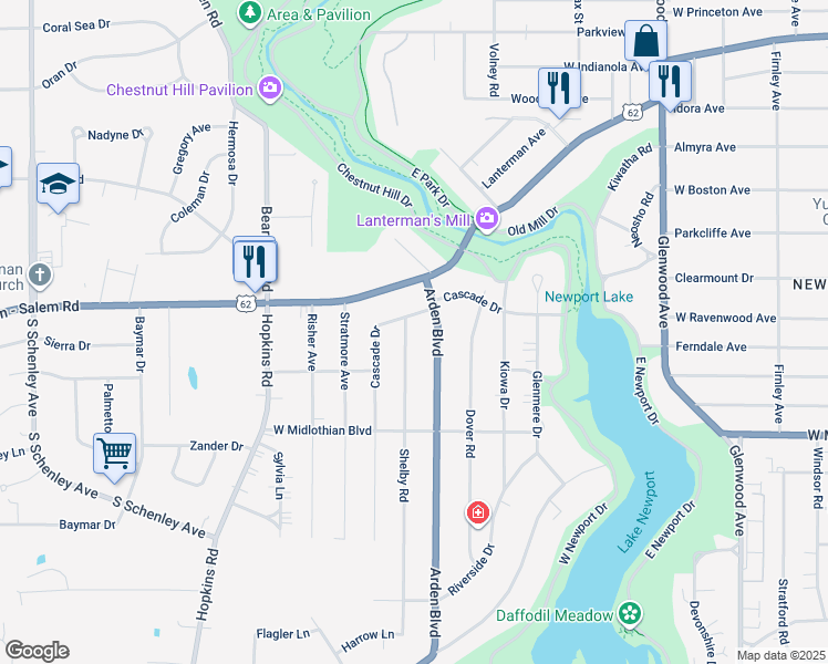 map of restaurants, bars, coffee shops, grocery stores, and more near 3429 Shelby Rd in Youngstown
