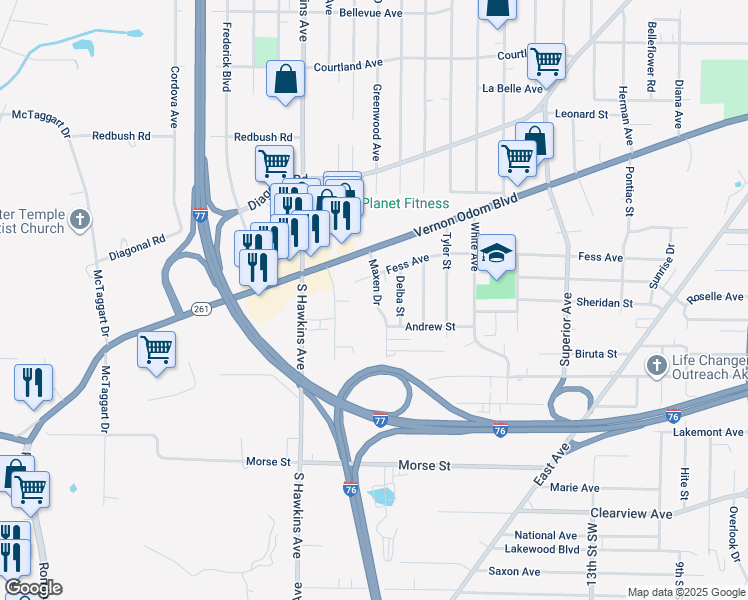 map of restaurants, bars, coffee shops, grocery stores, and more near 1598 Maxen Drive in Akron
