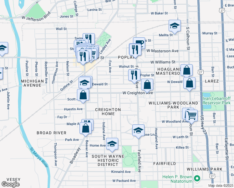 map of restaurants, bars, coffee shops, grocery stores, and more near 649 West Creighton Avenue in Fort Wayne