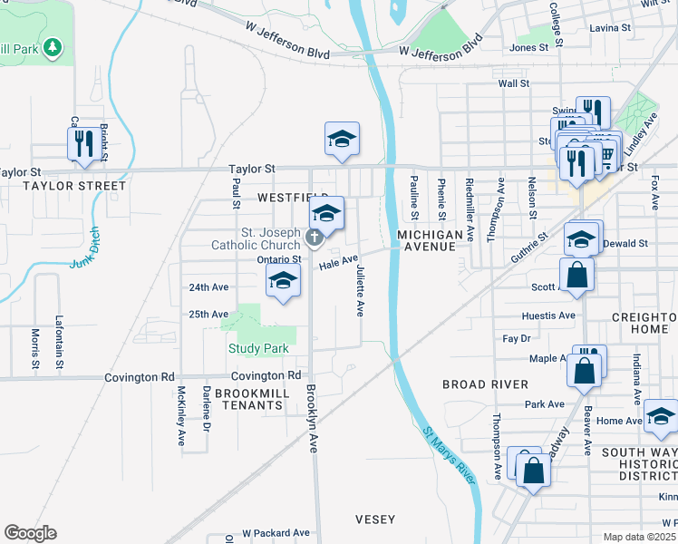 map of restaurants, bars, coffee shops, grocery stores, and more near 1831 Hale Avenue in Fort Wayne