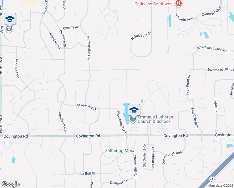 map of restaurants, bars, coffee shops, grocery stores, and more near 2227 Bluewater Trail in Fort Wayne