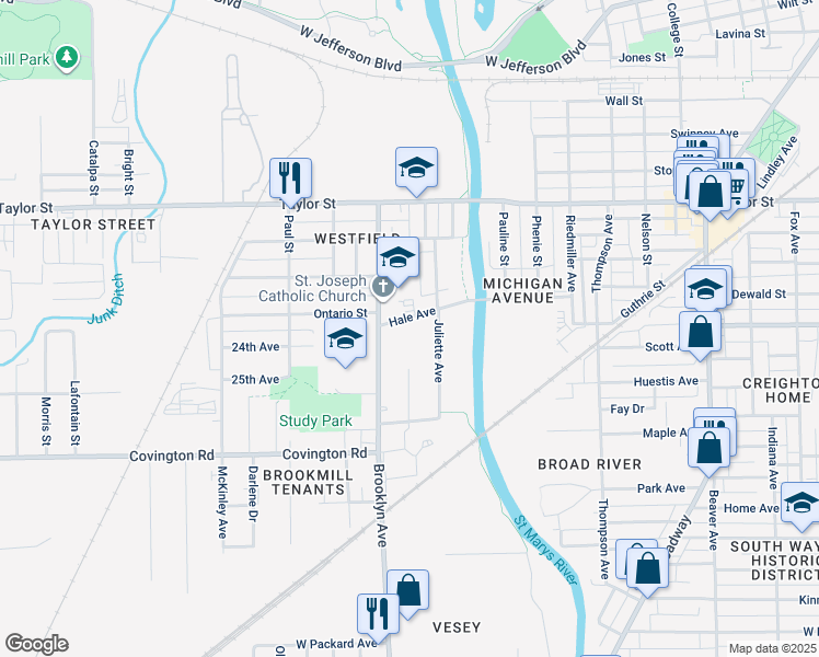 map of restaurants, bars, coffee shops, grocery stores, and more near 1831 Hale Avenue in Fort Wayne