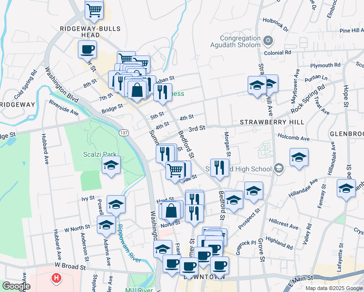 map of restaurants, bars, coffee shops, grocery stores, and more near 1435 Bedford Street in Stamford