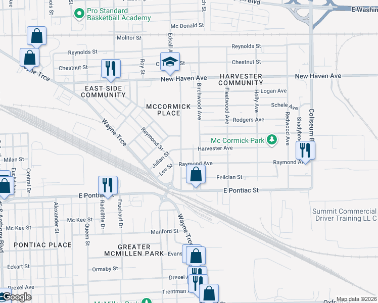 map of restaurants, bars, coffee shops, grocery stores, and more near 3102 Harvester Avenue in Fort Wayne