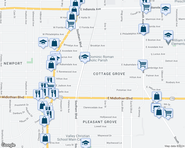 map of restaurants, bars, coffee shops, grocery stores, and more near 141 East Ravenwood Avenue in Youngstown