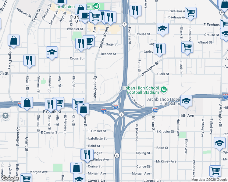 map of restaurants, bars, coffee shops, grocery stores, and more near 637 Johnston Street in Akron