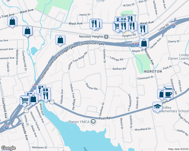 map of restaurants, bars, coffee shops, grocery stores, and more near 69 Stanton Road in Darien
