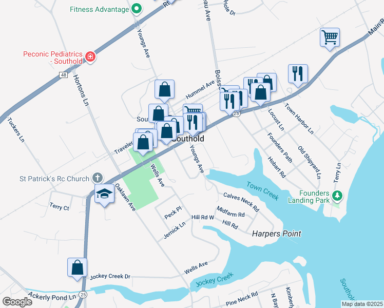 map of restaurants, bars, coffee shops, grocery stores, and more near 475 Youngs Avenue in Southold