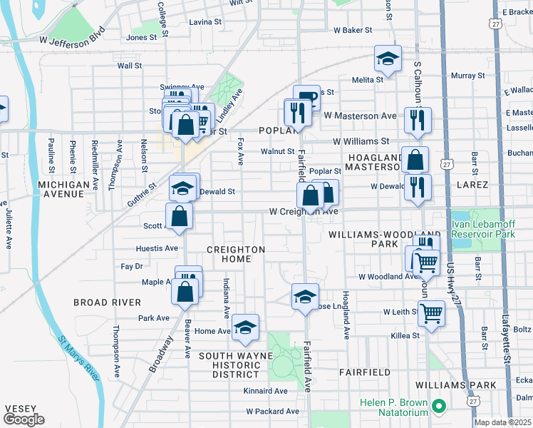 map of restaurants, bars, coffee shops, grocery stores, and more near 649 West Creighton Avenue in Fort Wayne