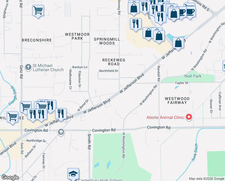 map of restaurants, bars, coffee shops, grocery stores, and more near 4920 N Bend Dr in Fort Wayne