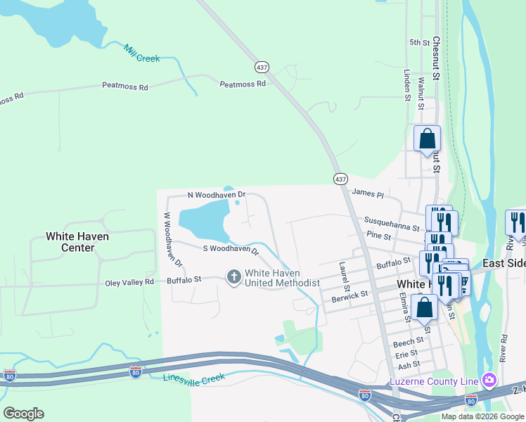 map of restaurants, bars, coffee shops, grocery stores, and more near 54 East Woodhaven Drive in White Haven