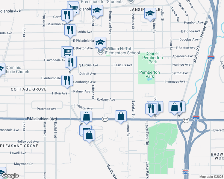 map of restaurants, bars, coffee shops, grocery stores, and more near 806 Palmer Avenue in Youngstown