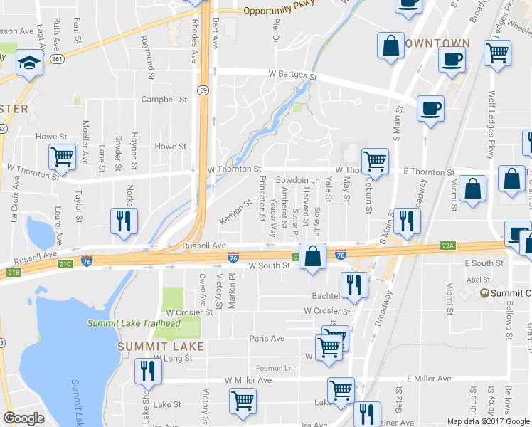 map of restaurants, bars, coffee shops, grocery stores, and more near 827 Princeton Street in Akron