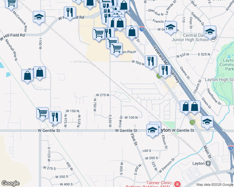 map of restaurants, bars, coffee shops, grocery stores, and more near 270 North 630 West in Layton