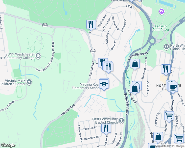 map of restaurants, bars, coffee shops, grocery stores, and more near 19 Lawrence Drive in White Plains