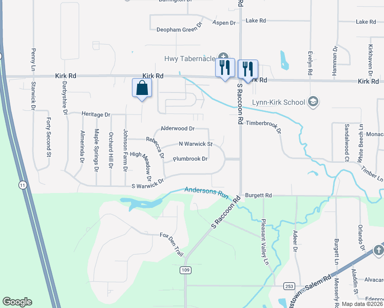 map of restaurants, bars, coffee shops, grocery stores, and more near 4520 Plumbrook Drive in Canfield