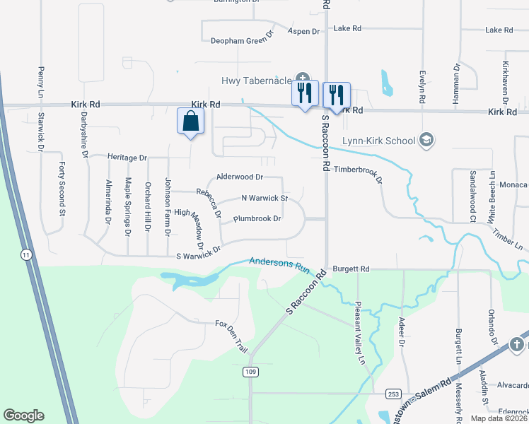 map of restaurants, bars, coffee shops, grocery stores, and more near 4520 Plumbrook Drive in Canfield