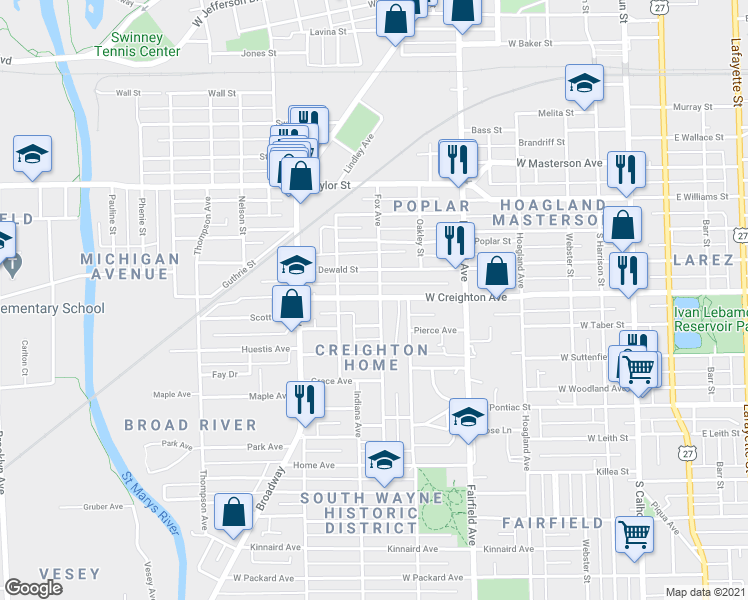 map of restaurants, bars, coffee shops, grocery stores, and more near 807 West Creighton Avenue in Fort Wayne