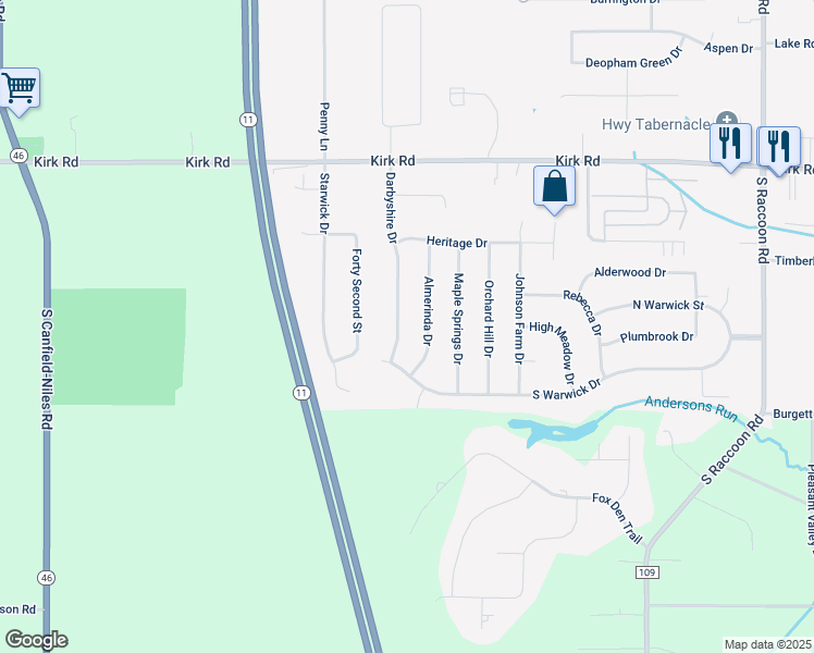 map of restaurants, bars, coffee shops, grocery stores, and more near 3565 Darbyshire Drive in Canfield