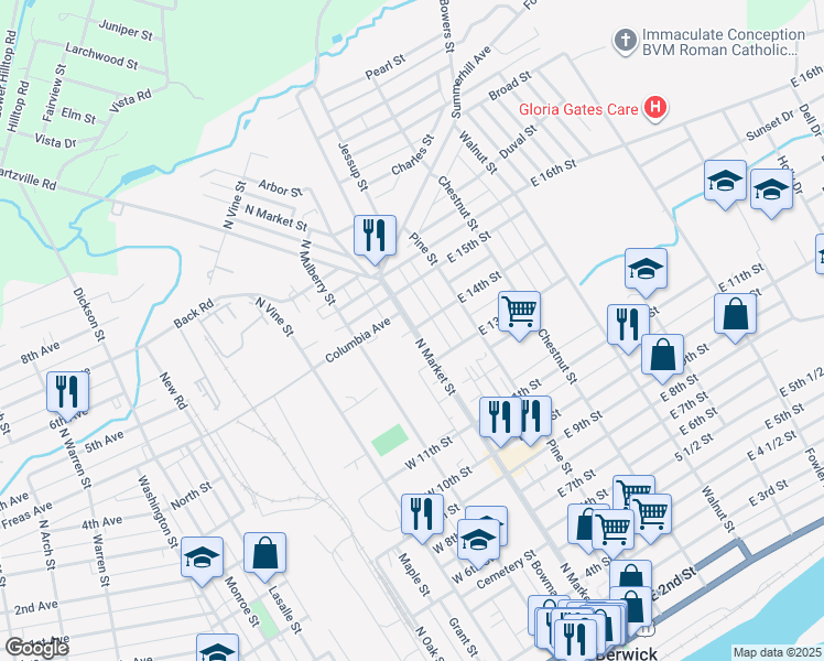map of restaurants, bars, coffee shops, grocery stores, and more near 1401 North Market Street in Berwick