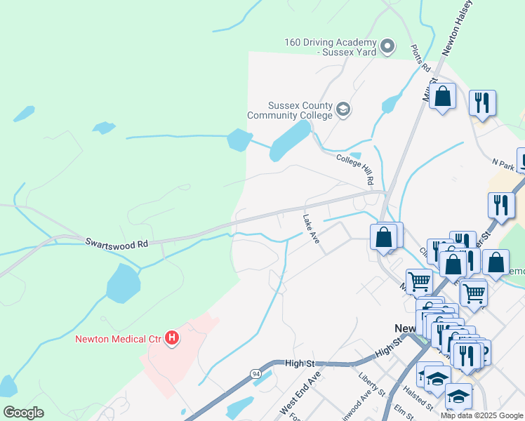 map of restaurants, bars, coffee shops, grocery stores, and more near 77 Swartswood Road in Newton