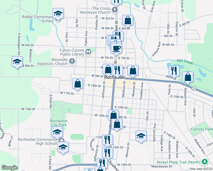 map of restaurants, bars, coffee shops, grocery stores, and more near 100-198 West 10th Street in Rochester