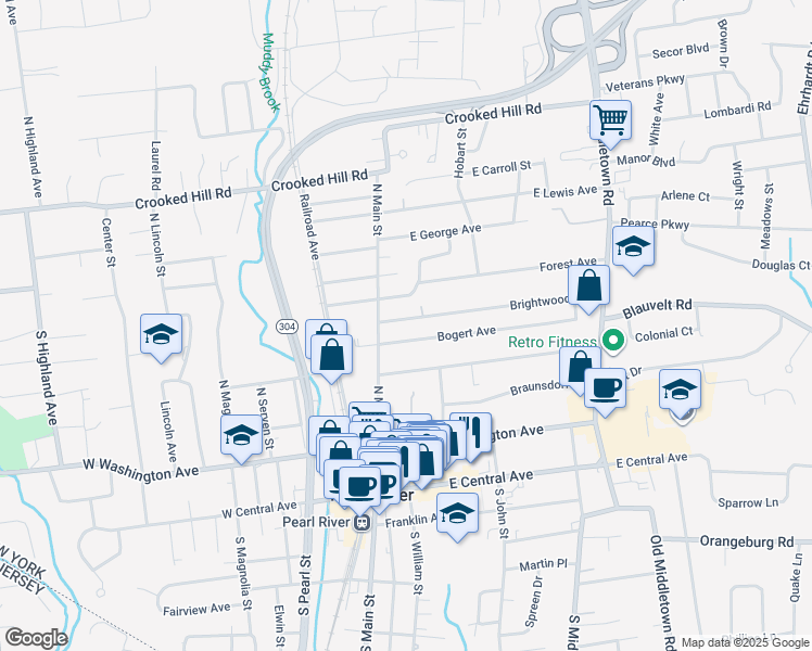 map of restaurants, bars, coffee shops, grocery stores, and more near 20 Brightwood Avenue in Pearl River