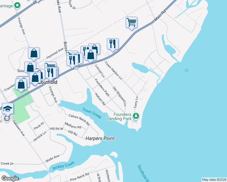 map of restaurants, bars, coffee shops, grocery stores, and more near 500 Old Shipyard Lane in Southold