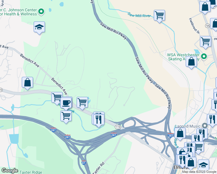 map of restaurants, bars, coffee shops, grocery stores, and more near 1305 Dorset Drive in Tarrytown
