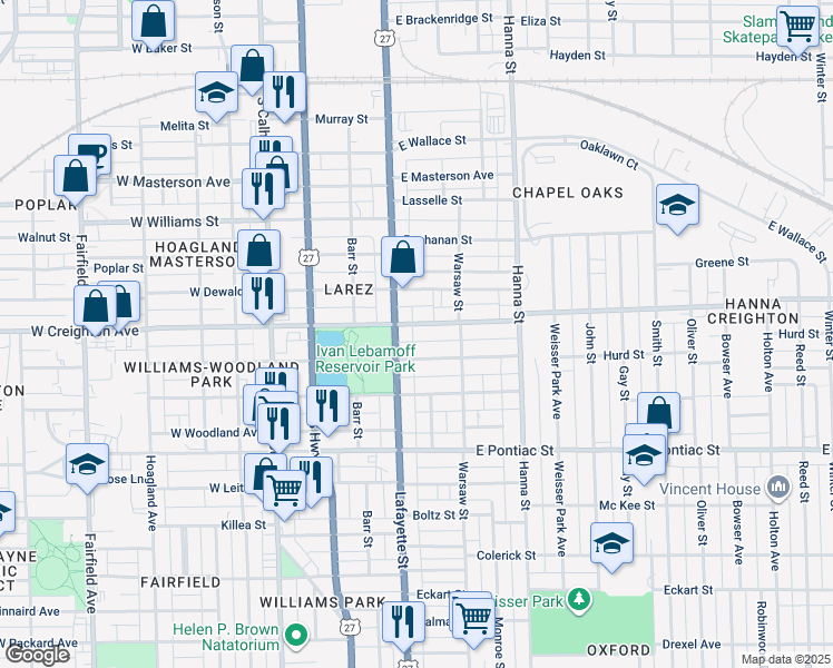 map of restaurants, bars, coffee shops, grocery stores, and more near 422 Creighton Avenue in Fort Wayne