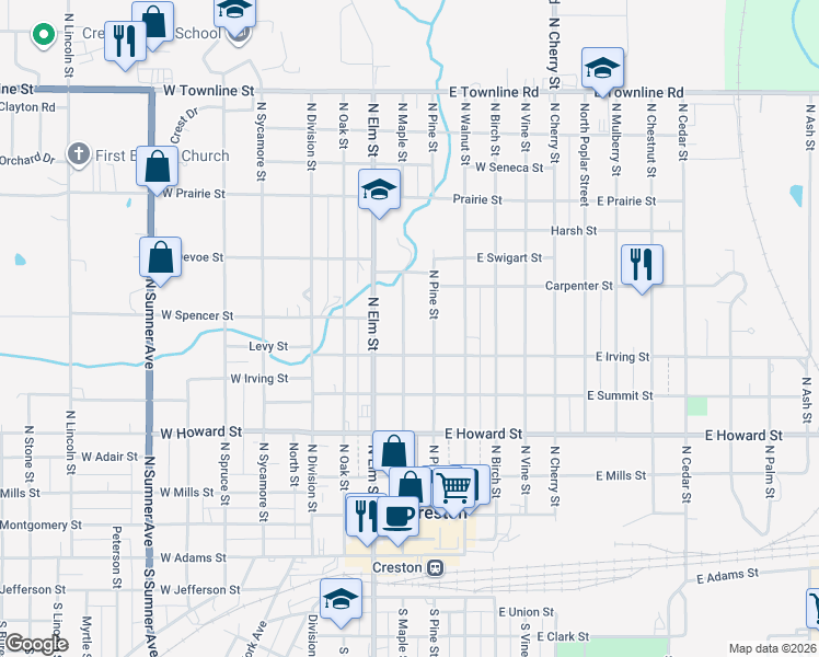 map of restaurants, bars, coffee shops, grocery stores, and more near 606 North Pine Street in Creston