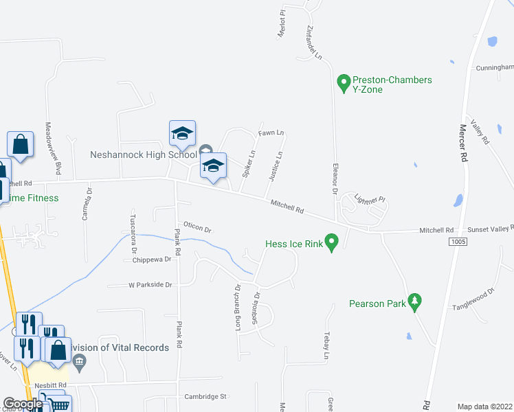 map of restaurants, bars, coffee shops, grocery stores, and more near 3673 Mitchell Road in New Castle